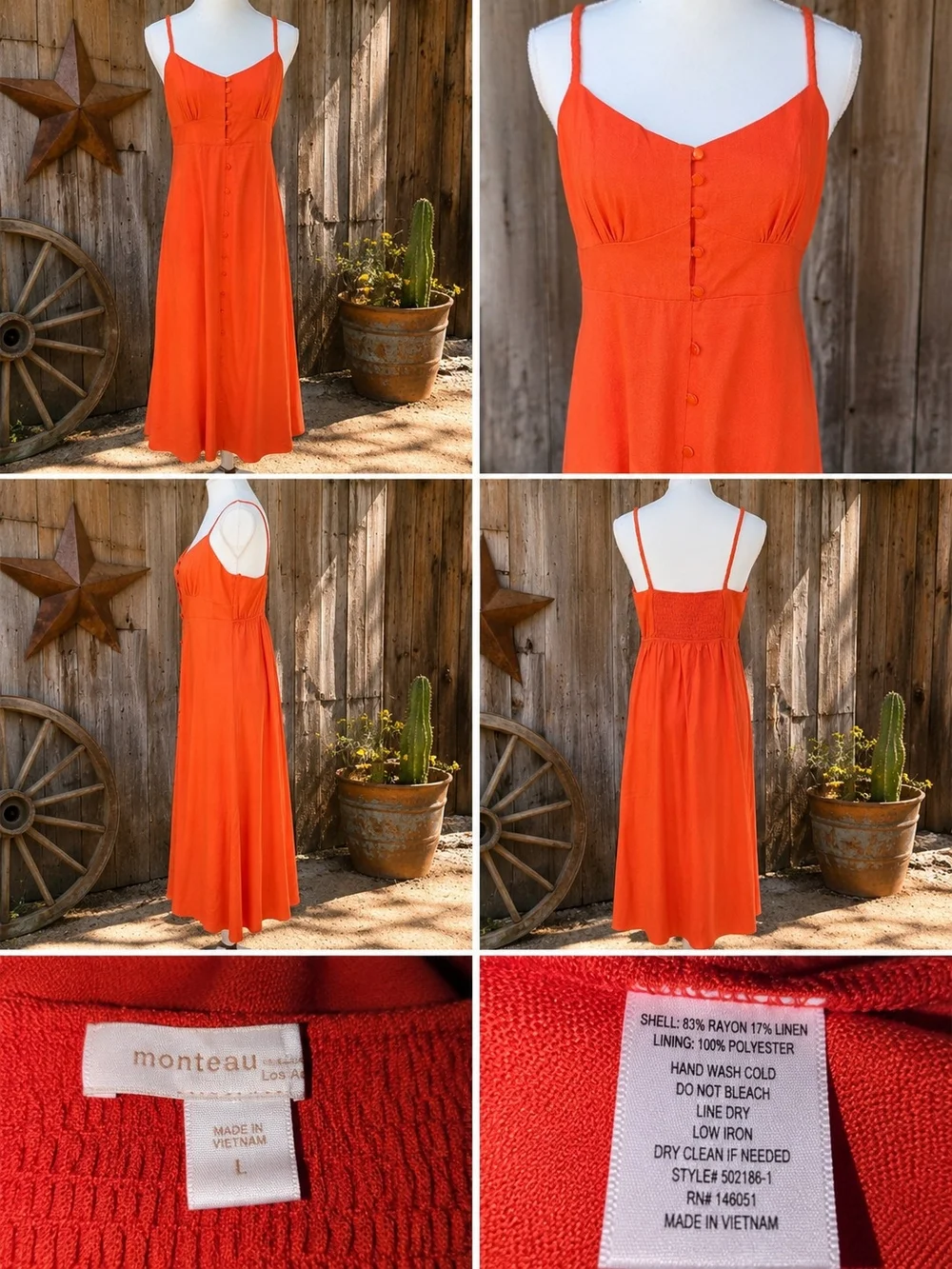 Monteau Los Angeles Coral Button-Front Spaghetti Strap Midi Dress NWOT - Picture 7 of 9
